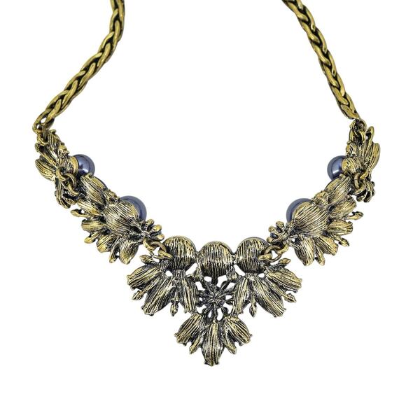 Banana Republic Wimsigoth Statement Necklace Brass Tone Navy Blue Rhinestones - Picture 7 of 9